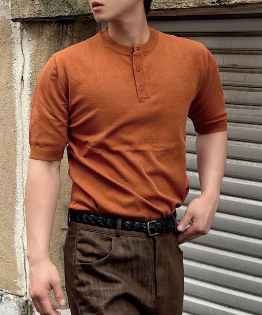 HERVINO Modern Henley Neck Muscle Fit Short Sleeve Knit [Camel]