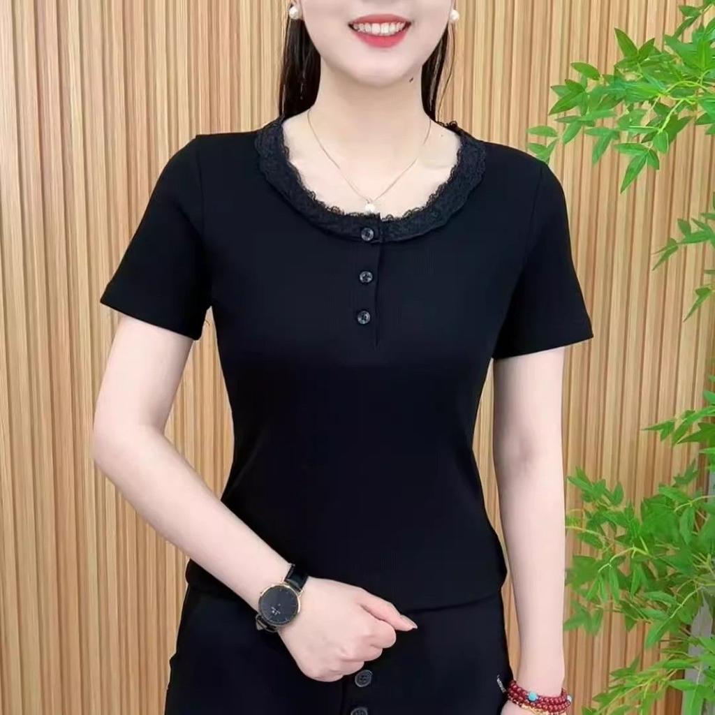 2025 Summer Fashion New Simple Solid Color Lace Round Neck Short Sleeve Versatile and Thin T-shirt Trend