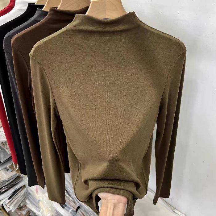 Women's Double-Sided Plush High-Neck Long-Sleeve Base Layer Shirt, Warm Slim-Fit Solid Color for Inner Wear.