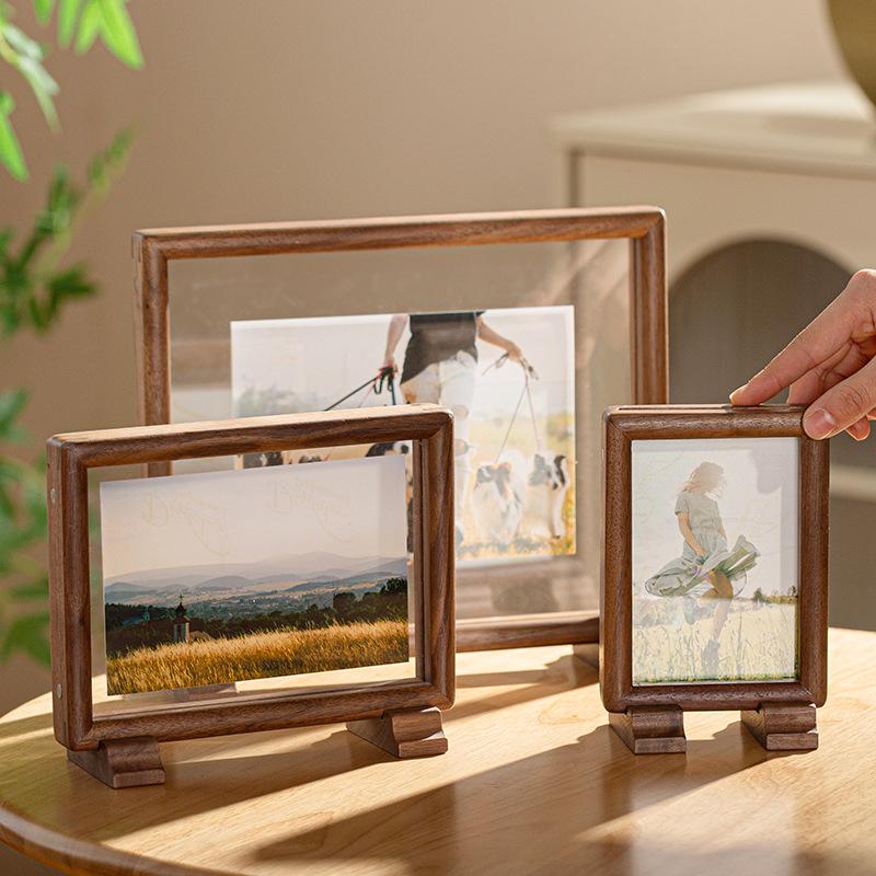 Black Walnut Double-Sided Transparent Photo Frame - Chinese Retro Style A4/A3 Tabletop Frame