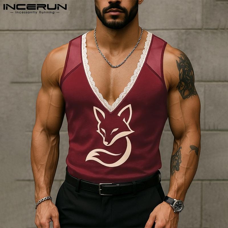 INCERUN Summer Men Deep V Neck Sleeveless Lace Hem Print Casual Tank Tops