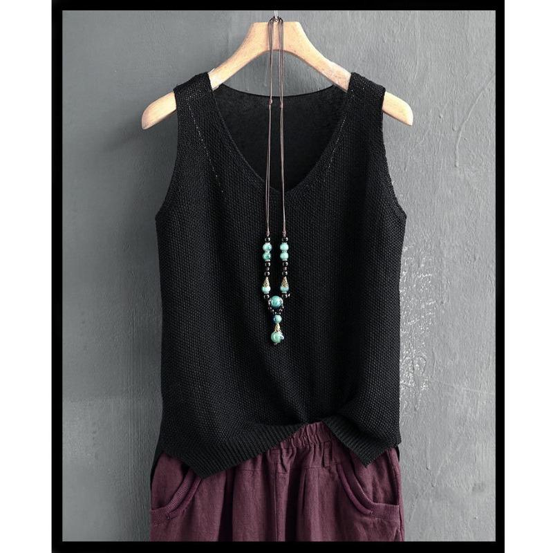 Fashion Large Size Ice Silk Suspender Vest Women's V Neck Knitted Bottoming Shirt Sleeveless Top Elegant Solid Color Loose Casual Simple Shirts