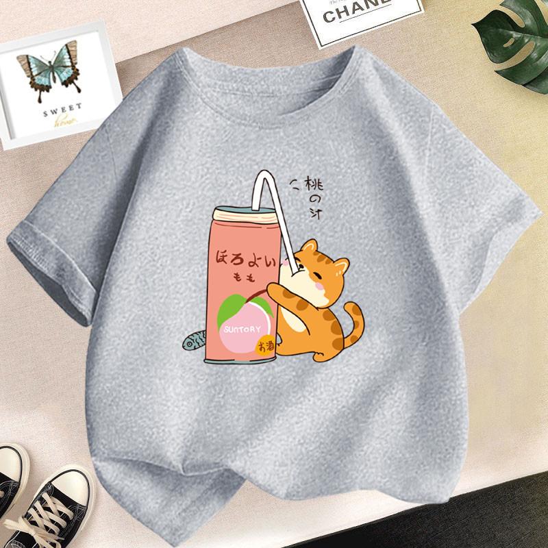 Cute Cat Drinking Milk Tea Kawaii Clothes Tops Harajuku Funny Cartoon Short Sleeve T-shirt