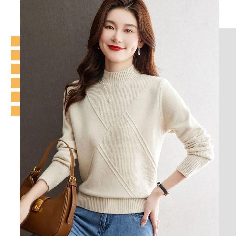 Dámský módní volný pletený svetr s vysokým límcem - Trendy top na podzim/zimu