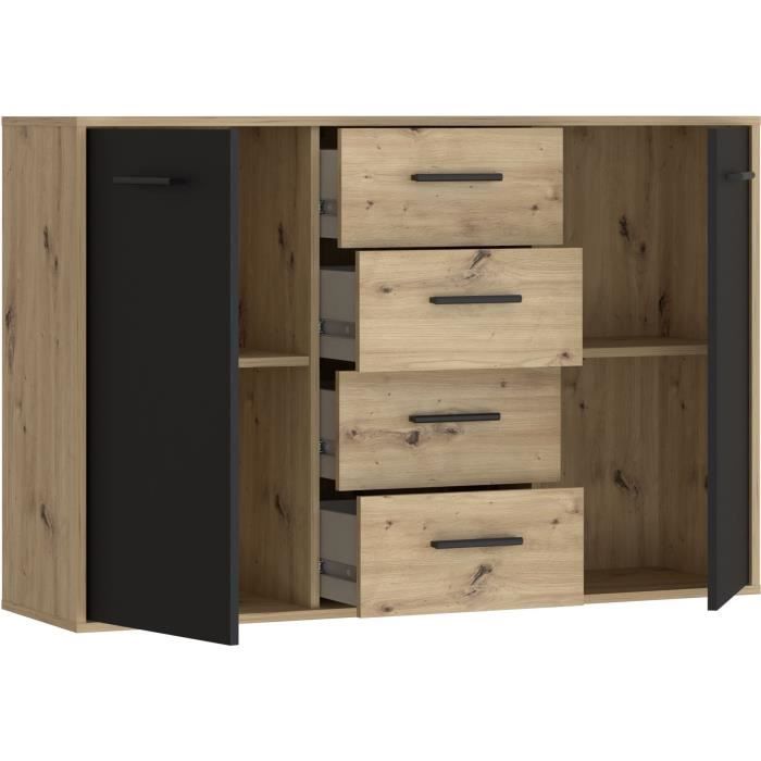 PILVI Sideboard - Contemporary Style - Melamine Particles - Oak and Black Decor - 2 Doors + 4 Drawers - L 122.6 X D 34.2 X H 81.7 Cm