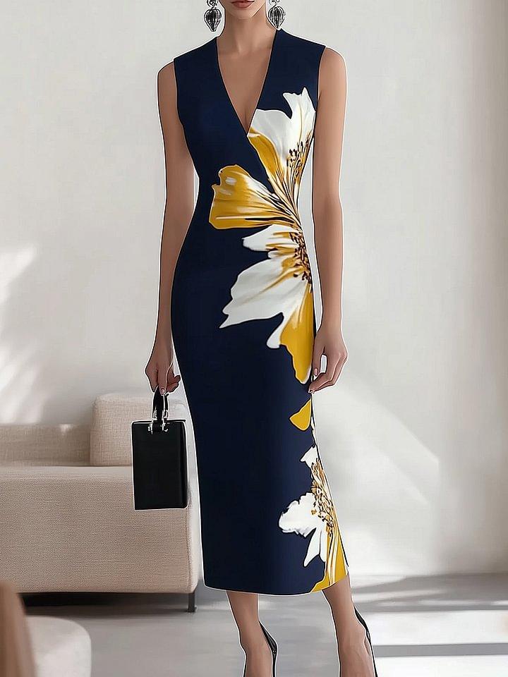 Women's V Neck Sleeveless Floral Print Midi Dress Slim Fit High Waist Elegant Bodycon Party Dress