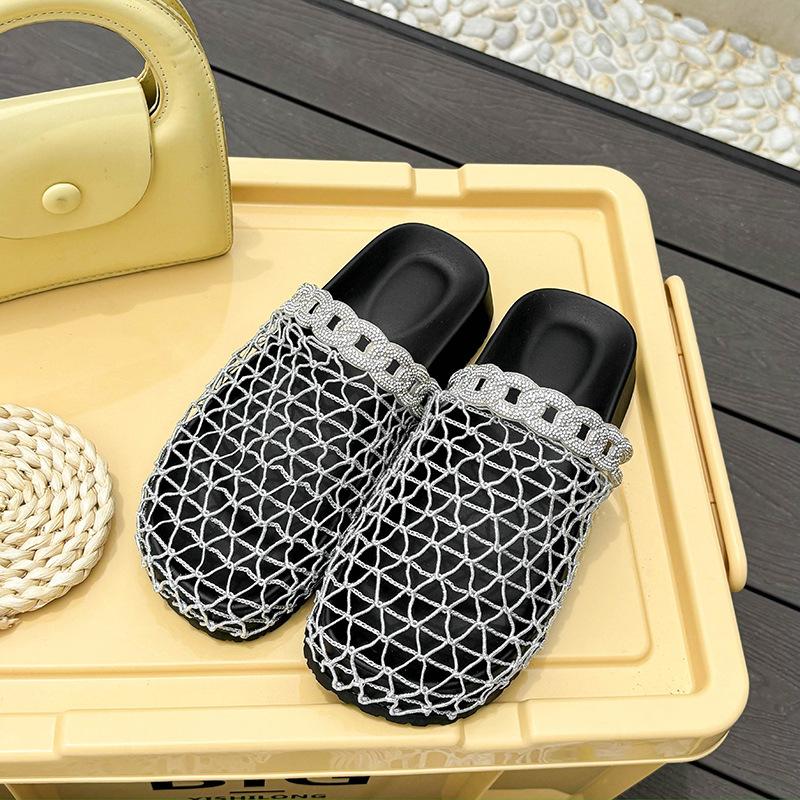 Vară nou pescar fund plat cap rotund baotou jumătate papuci Nisa europeană și americană plasă de pescuit țesută gol papuci răcoroși