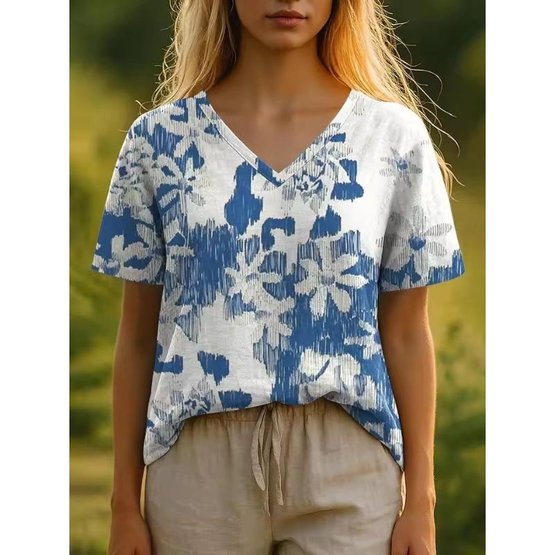 3D T-Shirt Flower Summer Women's T-Shirt Floral Pattern Bohemian Style Casual Short-Sleeved V-Neck Loose Women's Clothes