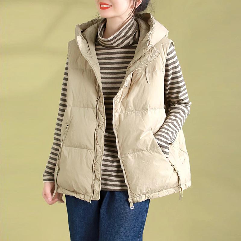 Literary and retro down vest women's 2025 winter new vest ethnic style warm new Chinese hooded vest tide