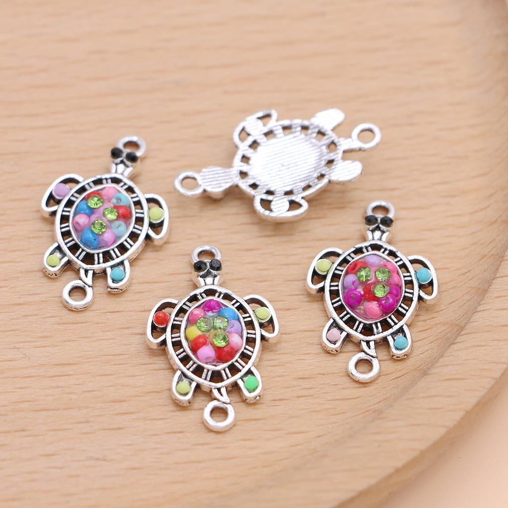 10Pcs Antique Silver Plated Colorful Crystal Turtle Charm Connectors For Jewelry Making Bracelet Accessories Diy Craft