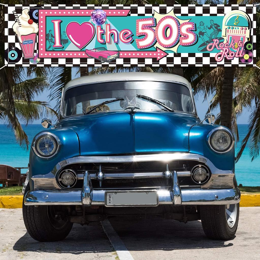 I Love The 50's Banner - 1950s Rock and Roll Theme Party Decorations, Photo Booth Backdrop Wall Background, Baby Shower Birthday Supplies, 70.8 X
