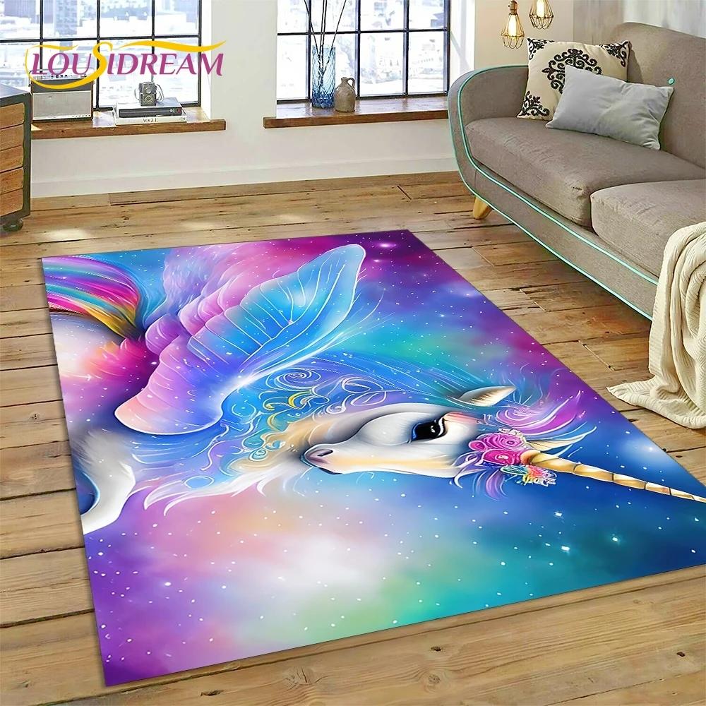 3D Uroczy Senny Jednorożec Kreskówkowa Dziewczynka Dywanik Dywan do Salonu Sypialni Dekoracja Domu, Mata Podłogowa Antypoślizgowa Dekoracja na Sofę Wycieraczka