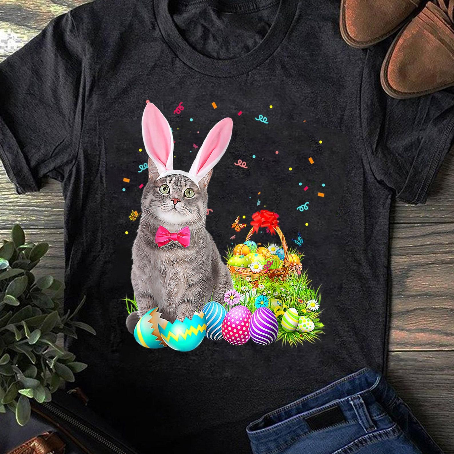 Happy Easter Cute Bunny Cat Eggs Basket Men Women Funny T-Shirt - Cat Lover Gift, Funny Cat Shirt, Summer Shirt, Cool Cat, Cat Shirt M
