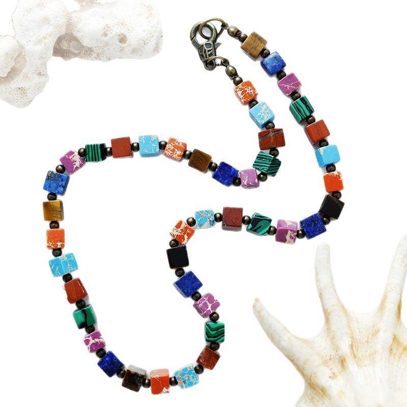 Bohemian 7-Color Chakra Emperor Stone Simple And Fashionable Square Grain Short Scarf Necklace Popular First