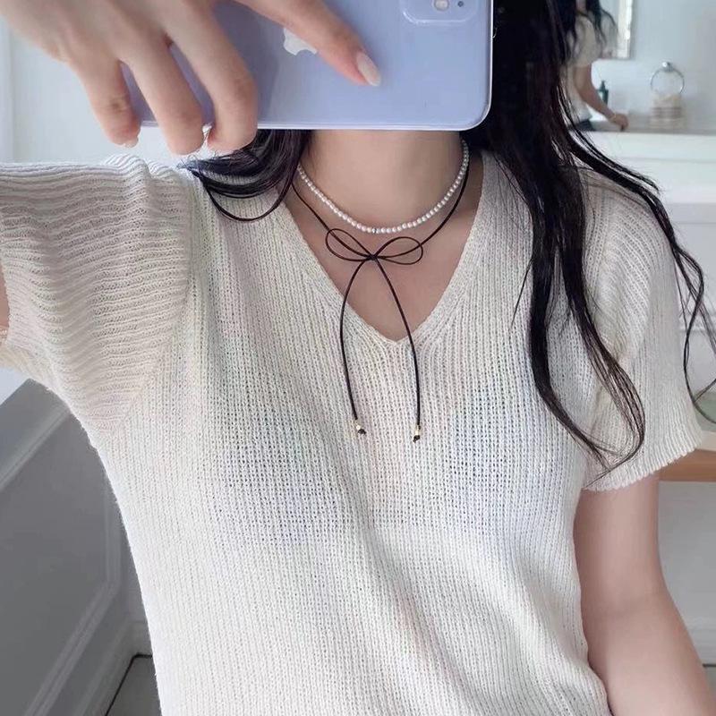 Ribbon Bow Pearl Double-Layer Choker: Women's Retro Niche Design Necklace