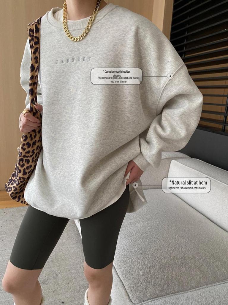 Sinan Holiday Blogger Style Embroidered Round Neck Drop Shoulder Plus Velvet Sweater SN6840