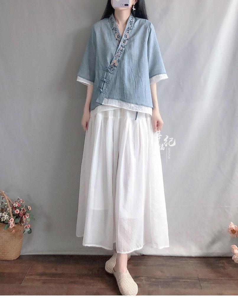 Women's Retro Cotton Linen Frog Button Top - Summer Chinese Tea Ceremony Style with Oblique Lapel and Five-Point Sleeves