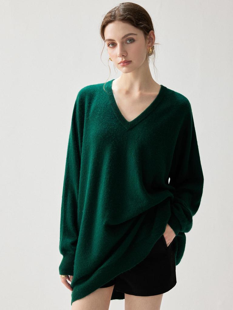 Autumn 2026 Women's Mid-Length Cashmere V-Neck Sweater - Elegant Solid Color Pullover