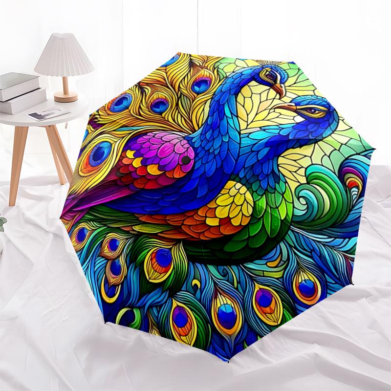 Colorful Peacock Feather Design Automatic Opening/Closing Umbrella with Convenient Three-Fold Design, 8-Bone Iron Frame Outdoor Umbrella, Pe