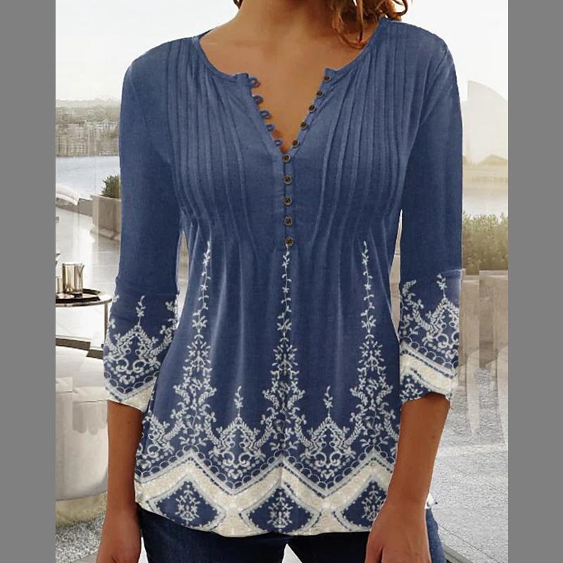 European and American Spring and Summer Fashionable Women's Floral Print V-neck Short Sleeved Pleated Button T-shirt with A Base