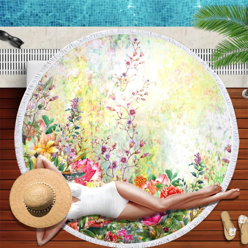 Large Round Colorful Flower Printed Beach Towel Diameter 3D Print Microfiber Blanket With Tassel Fringe Yoga Mat For Adult