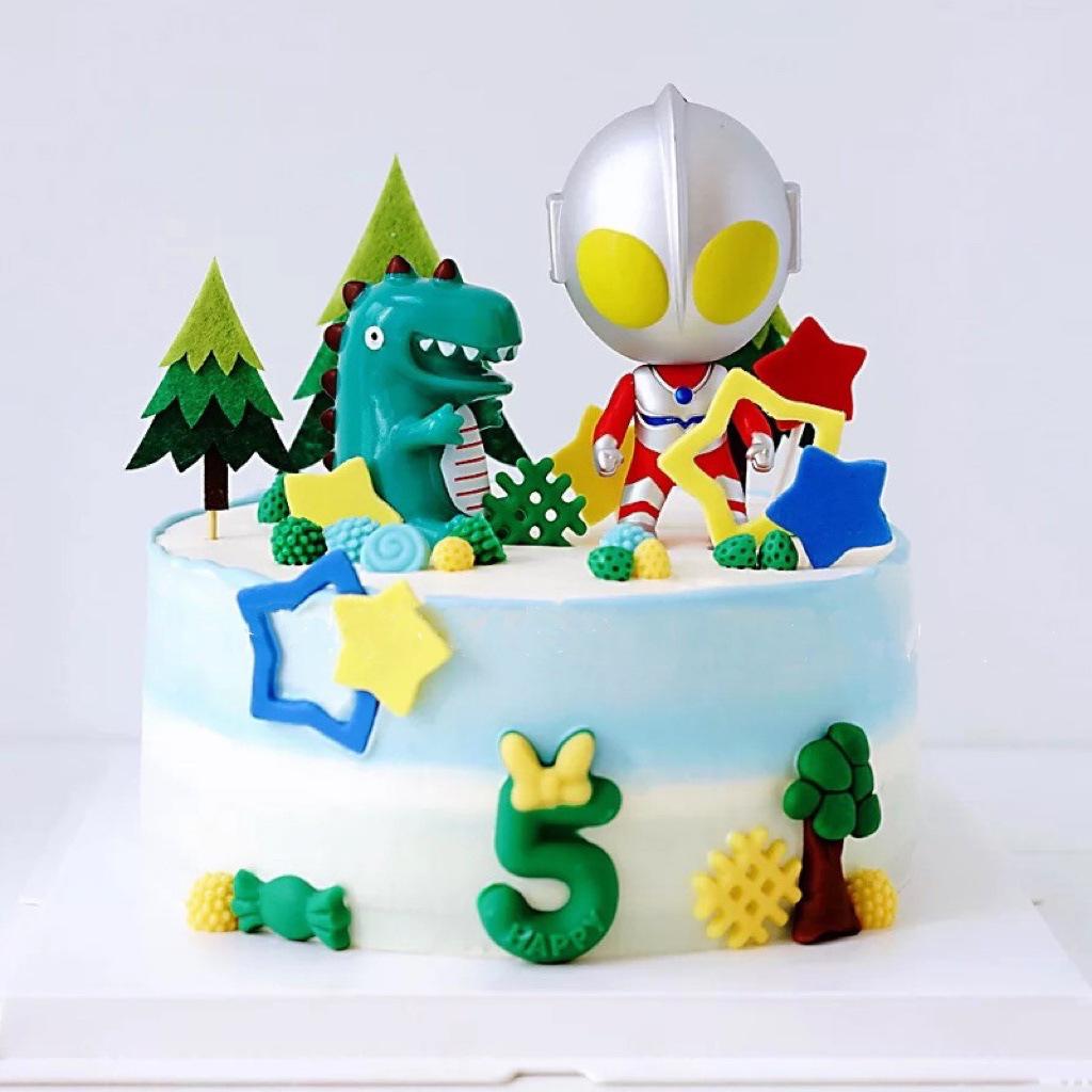 Cartoon Superhero Vs. Dinosaur Cake Toppers: Kids' Birthday Decoration Set