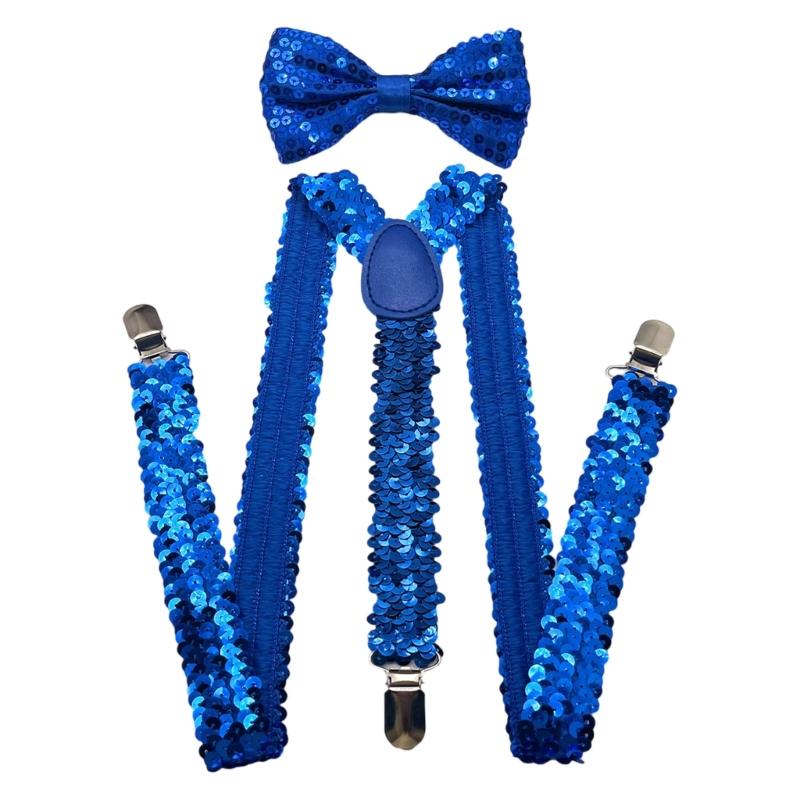 Popular Sequins Suspenders and Bowtie Set for Male with Metal Clip Weddings and Theme Parties Costume Neckwear Accessory