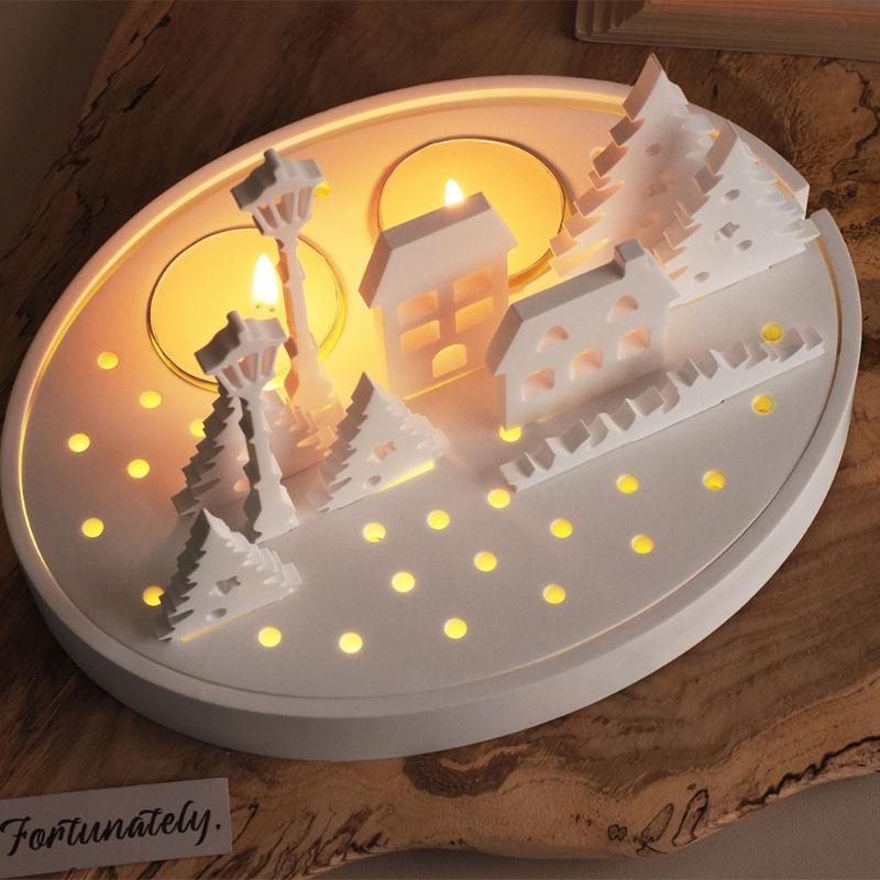 Flexibles Silikonform-Set für selbstgemachte Straßenszenen-Kerzenhalter und Nachtlichter mit Baum- und Häuser-Designs