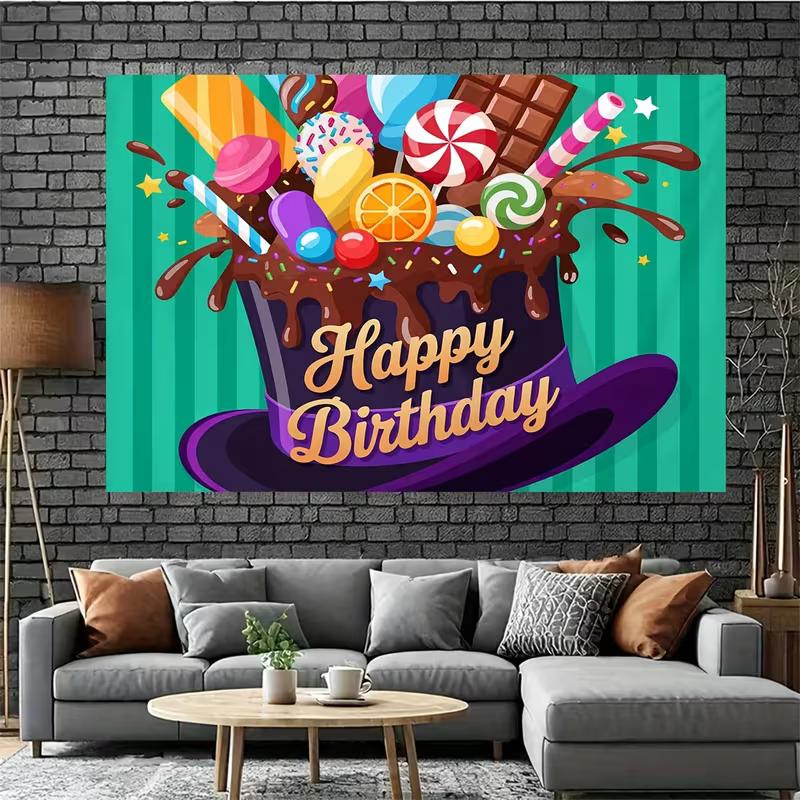2D Candy Hat Happy Birthday Backdrop Willy Wonka Style Party Photo Background