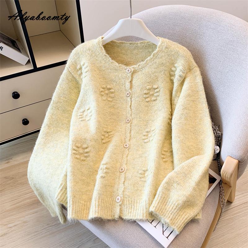 Korean Fashion Autumn Winter Women Sweater O Neck Yellow Pink Green Floral Knitting Cardigan Knitted Sweet Basic Ladies' Outerwear