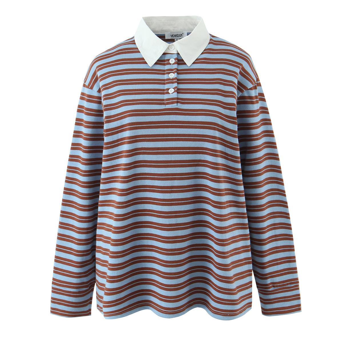 European and American style, new women s clothing, foreign style, versatile and versatile striped lapel polo long-sleeved t-shirt S