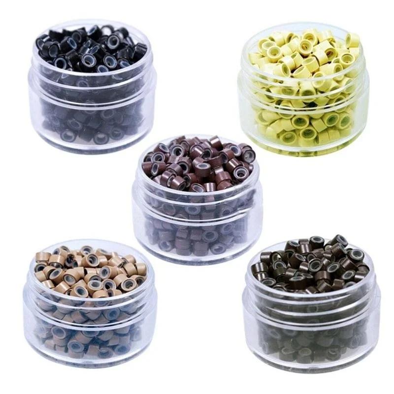 Około 500 sztuk/butelka Aluminiowe Silikonowe Pierścienie Zaciskowe do Przedłużania Włosów Klamry Czarne Brązowe Narzędzia Salonowe Akcesoria do Upiększania Włosów