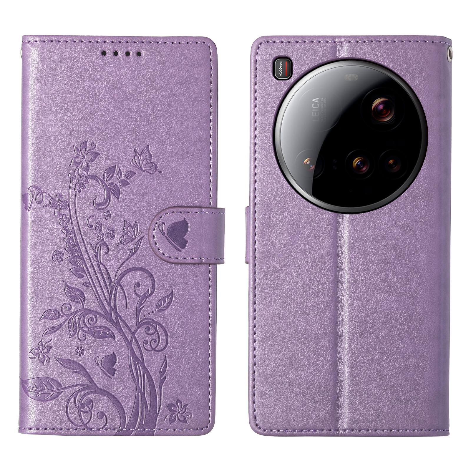 

For Xiaomi 15 Ultra Wallet Case Butterfly Floral Imprint PU Leather Phone Cover with Wrist Strap Purple