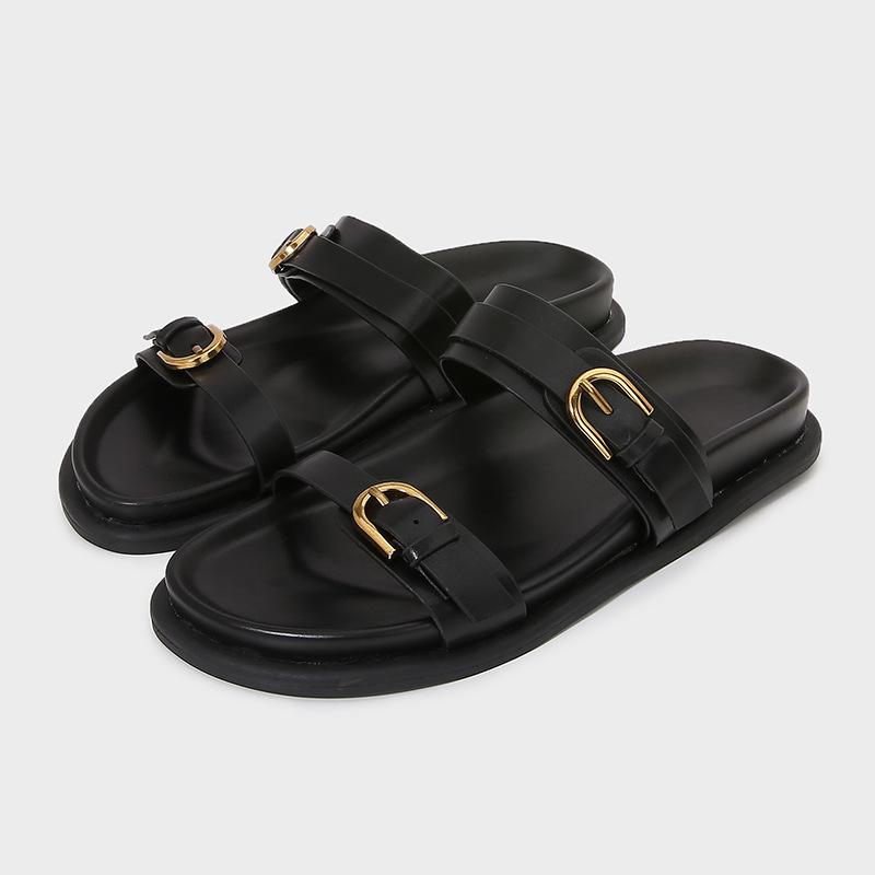 Fashion Metal Buckle Soft Leather Women Roman Shoes Thick Bottom Women Summer Slippers Leisure Comfort Non-slip Women Beach Flat Sandals