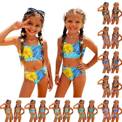 Girls Two Piece Swimsuit Set Hawaiian Print Tankini Top and High Waist Bottoms Kids Beachwear Swimwear for Summer