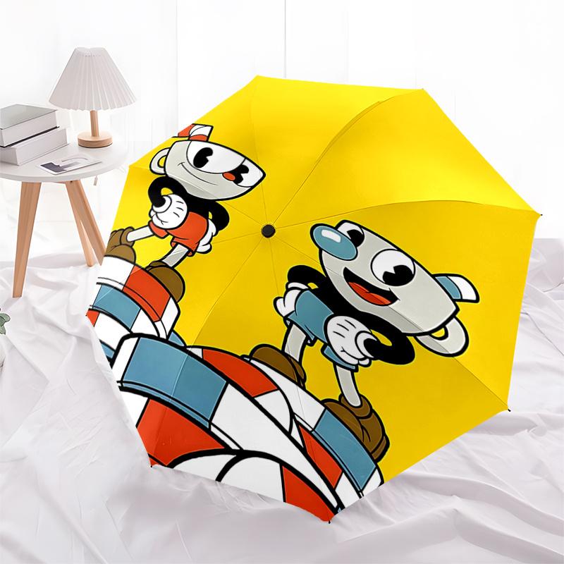 

Cuphead & Mugman Automatic Folding Umbrella: Portable 3-Fold Design with 8-Bone Iron Frame - Perfect for Outdoor Use, Festive Gifts, and Dai