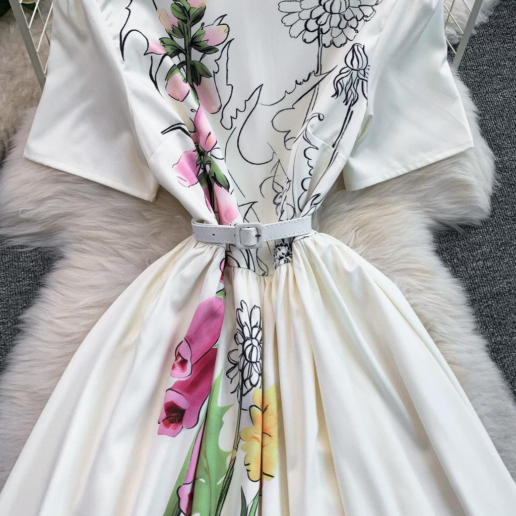 2026 New Summer Women Floral Print Short Sleeve Midi Long Elegant Gorgeous Bridesmaid Cocktail Party Dress with Round Neck