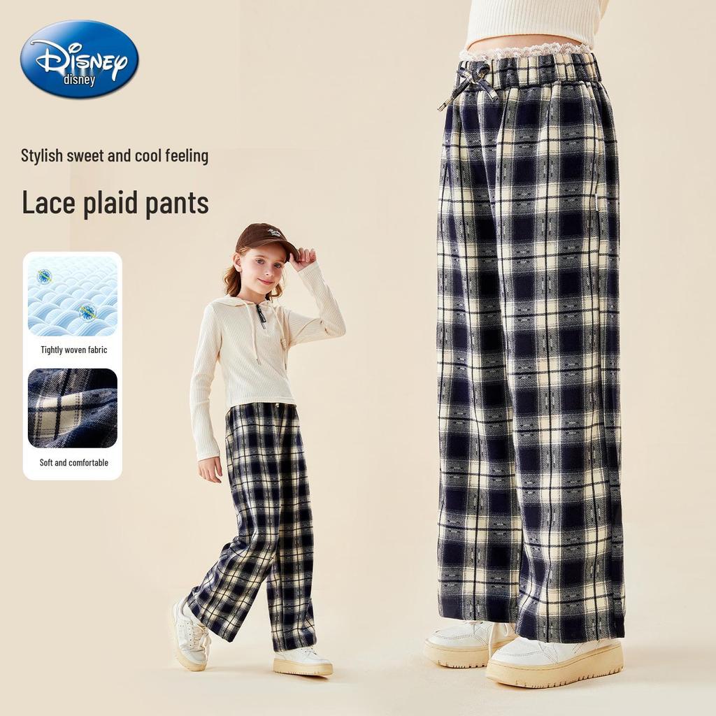 Dívčí krajkové kalhoty s vysokým pasem a širokými nohavicemi s kostkovaným vzorem - Móda podzim 2025