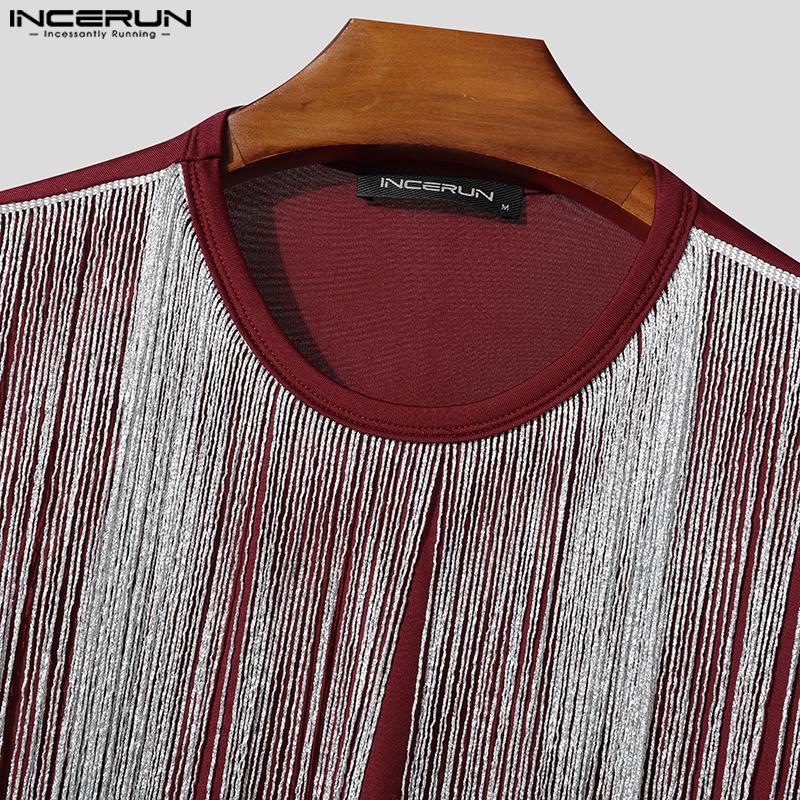 INCERUN Men Round Neck Front Tassel Patchwork Long Sleeve Casual Crop Tops T-shirts