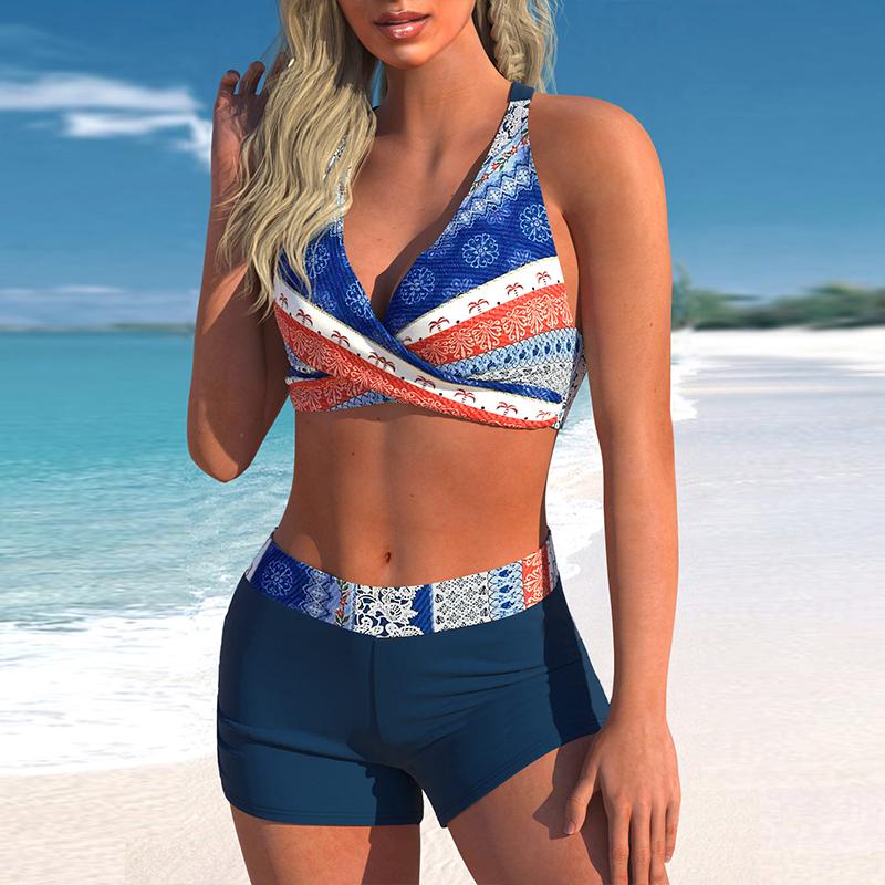 

Женский купальник-бикини с лямкой на шее и танкини, купальник с принтом на холсте и маслом 3XL темно-синий
