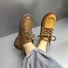 Flat Shoes Women's Leather Motorcycles Boots Round Toe Stitched Lace Up Thick Sole Women's Low Heel Shoes