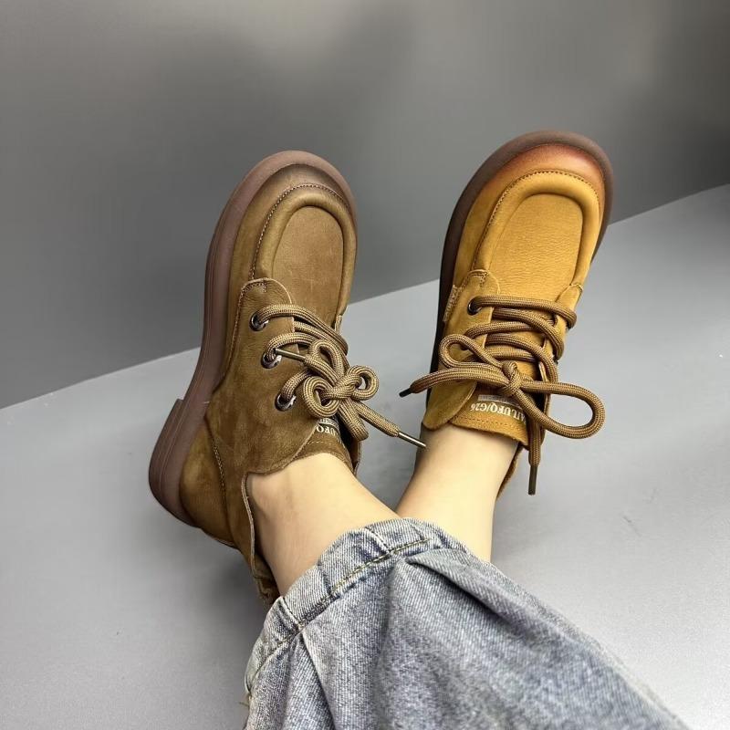 Flat Shoes Women's Leather Motorcycles Boots Round Toe Stitched Lace Up Thick Sole Women's Low Heel Shoes