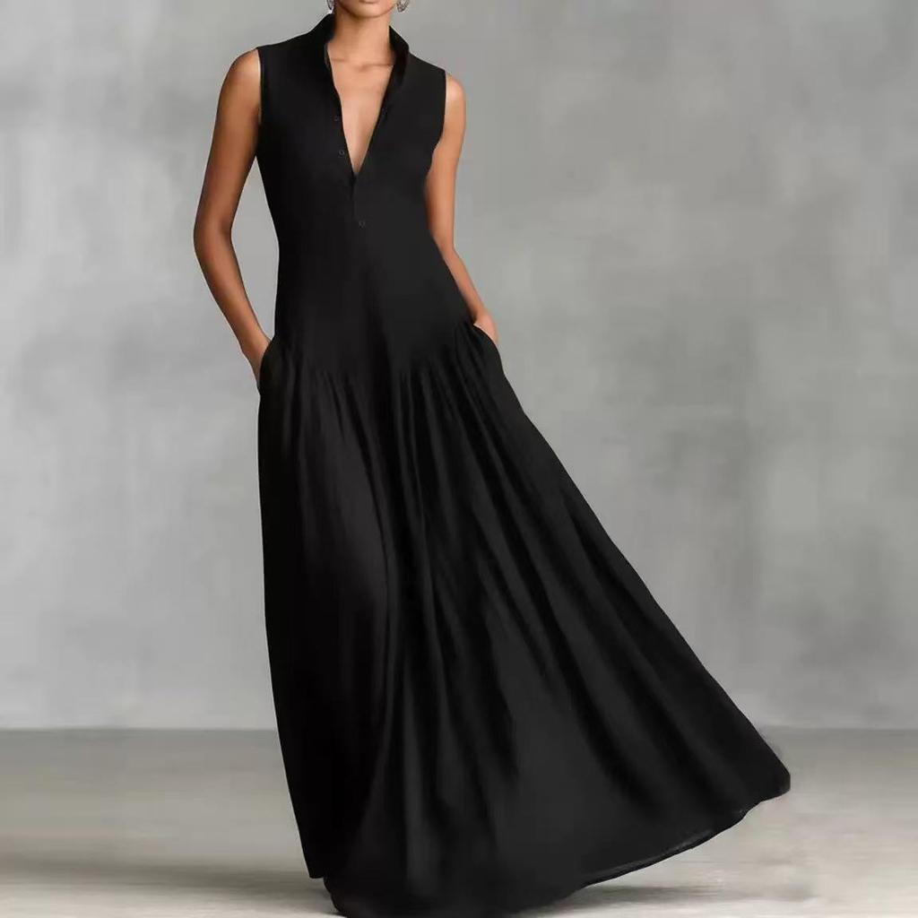 Elegant Black V-Neck Sleeveless Maxi Dress with Cinched Waist, Perfect for Work and Evening Events