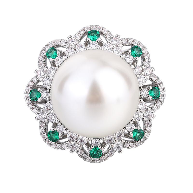 2026 new European and American retro inlaid Austrian fritillary pearl inlaid with diamonds flower women's ring 16mm