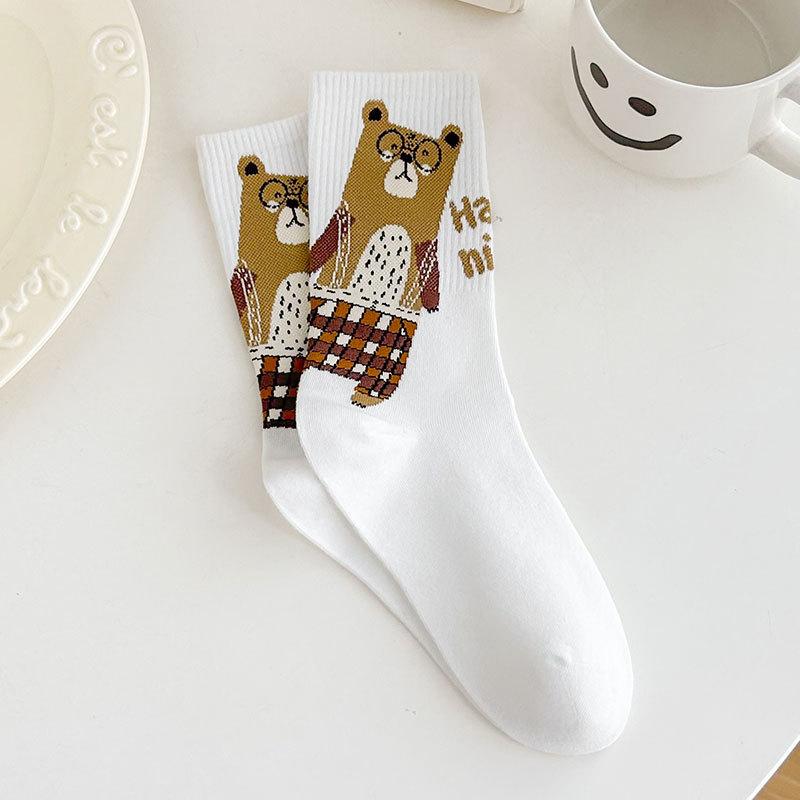 Ladies' Socks, Cute Glasses, Bear Cartoon, Boneless Cotton Socks, Mid-calf Socks