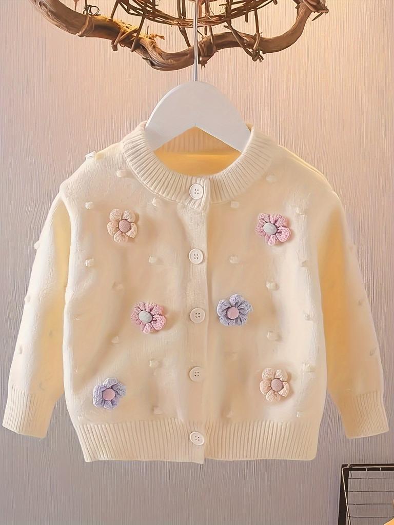 Girls' Embroidered 3D Floral Cardigan Sweater - Soft Pink Pastel Pastel Knit with Blue & Purple Flowers, Machine Washable Round Neck Long Sleeve