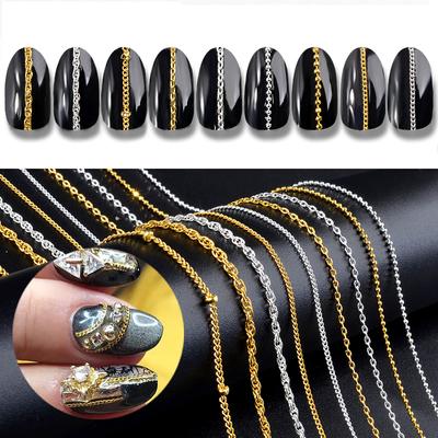 9 Types Nail Art Chains Nail Jewelry Accessories Gold Silver Metal Punk Chains