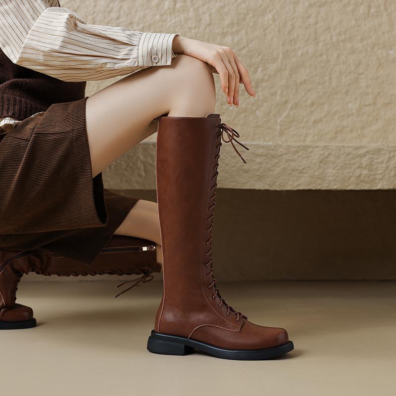 Krazing Pot Cow Split Skin Autumn Winter Shoes Concise Thick Heels Size 41 Thigh High Boots Keep Warm Round Toe Slip On Retro Knee Boots