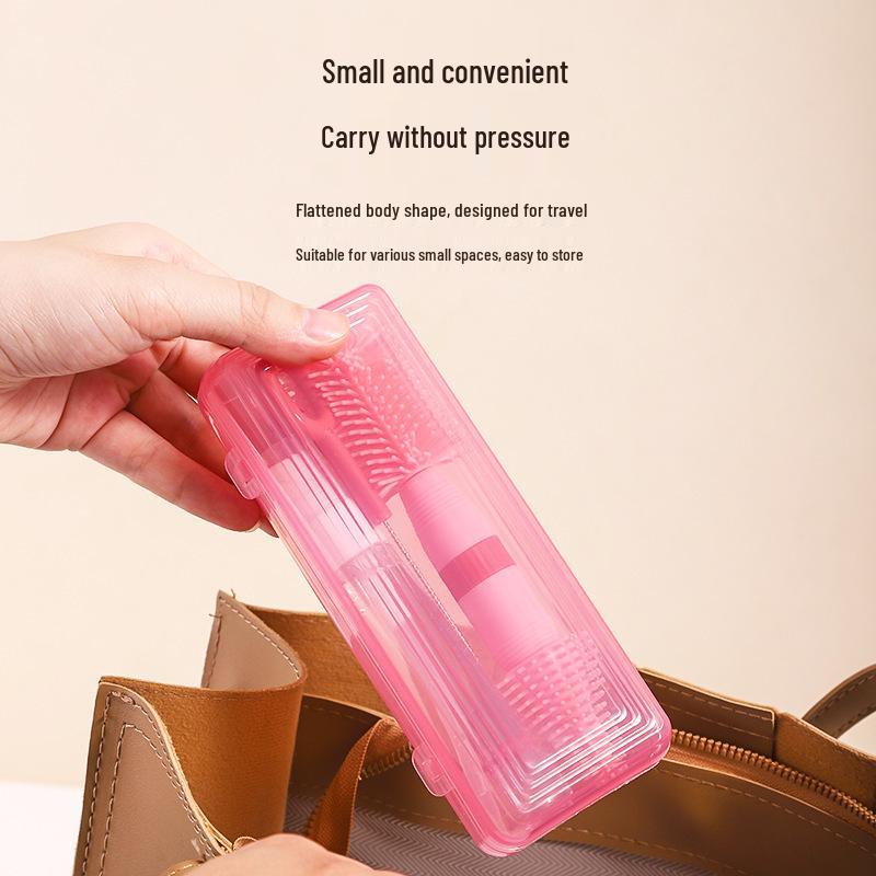 Portable Baby Bottle & Nipple Brush Set with Storage Box and Draining Rack for Travel