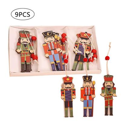 9Pcs Christmas Walnut Soldier Wooden Pendant Colorful Printed Wooden Pendant Christmas Tree Holiday
